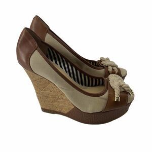 Gianni Bini Brown and Cream Braided Cork Wedge Heels